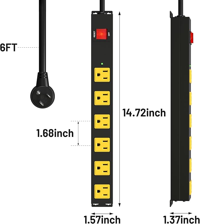 Heavy Duty 6 Outlet Metal Long Power Strip, 2700J Surge Protector with 15A Circuit Breaker, 6FT Extension Cord, Wall Mount for Garage, Workshop & Industrial Use, Wide Spaced (6ft)
