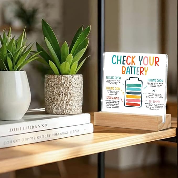 Inspirational Gifts for Women Men Coworkers, Mental Health Therapist Office Desk Decor Clear Acrylic Sign, Therapist Office Art Decor for Desk Gadgets Tabletop Cubicle, Check Your Battery
