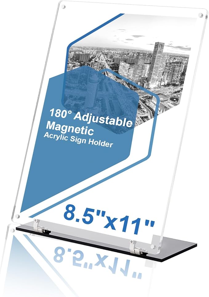 8.5"x11" Acrylic Sign Holder, 180° Adjustable Magnetic Code Sign Menu Stand, Double-Sided Clear Table Paper Display Holder For Office, Store, Restaurant