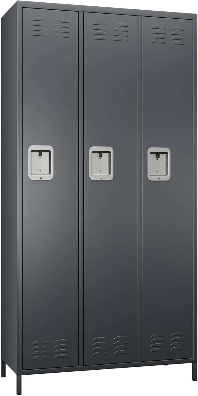 Metal Storage Locker with 3 Doors,Metal Locker for Employees with 9 Hooks for School Garage Office Gym Home,Assembly Required,Dark Grey