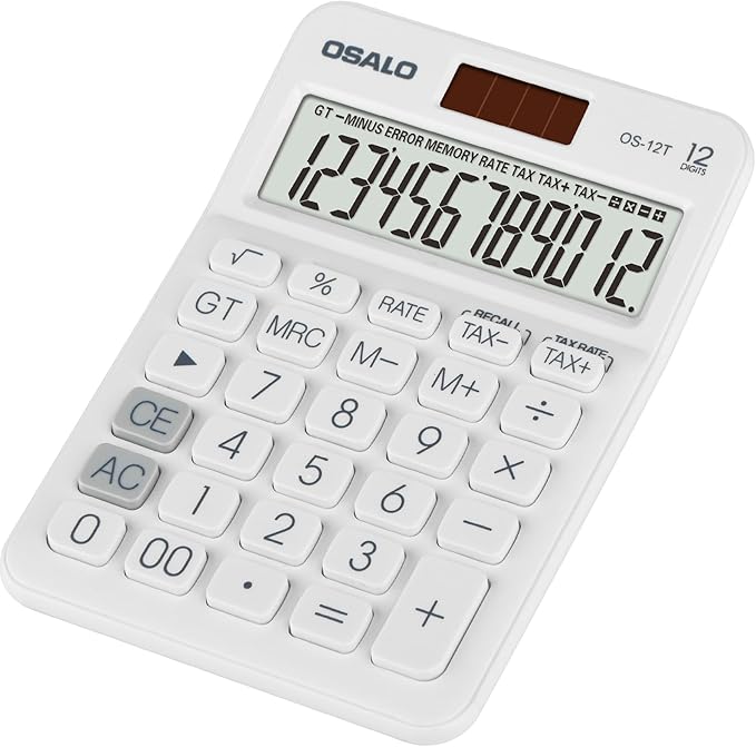 Pendancy Pocket Small Size Desk Calculator, 12 Digit Large LCD Display, Basic Tax Function Handheld Desktop Calculator with Solar Battery Dual Power, for Office, School, Business OS-12T (White)