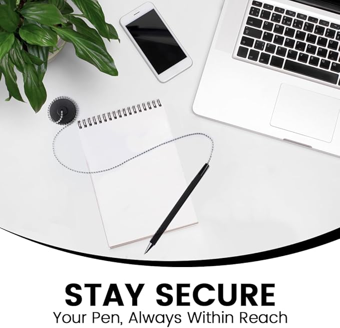 Secure Pen with Adhesive Pen Chain Holder 23-Inch Chain (21 Pieces) | 7 Black Pens with 7 Black & 7 Blue Refills | Counter Pens with Chain & Base | Ideal for Office, Reception & Public Spaces