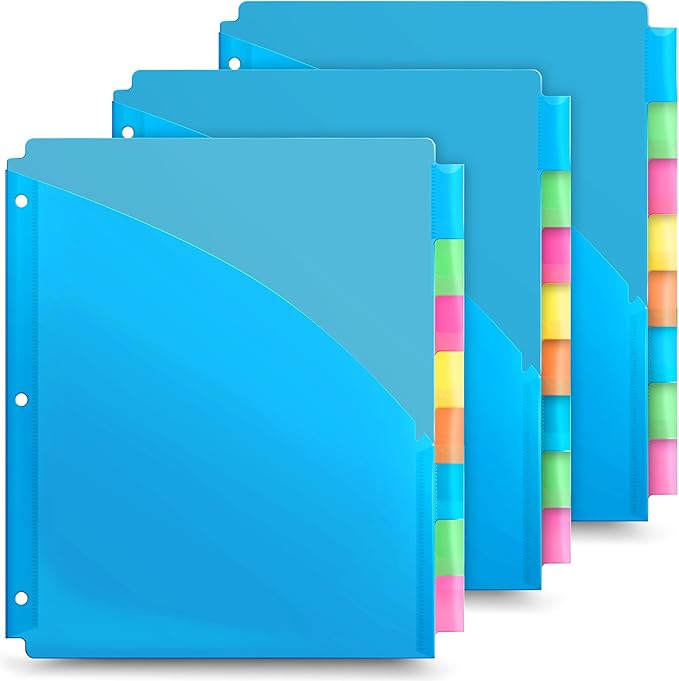Dunwell 8-Tab Dividers with Pocket for 3-Ring Binders (3 Sets, 24 Count), Plastic One Pocket Dividers with Tabs, Slash File Jackets 3 Hole Punched for 8.5x11 Paper, Poly Pocket Notebook Dividers