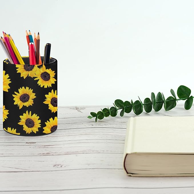 Sunflower Pen Holder Pencil Organizer Cute Pencil Cup Desk Decor Makeup Brush Holder PU Multifunctional Office Suppliesfor Home Classroom School