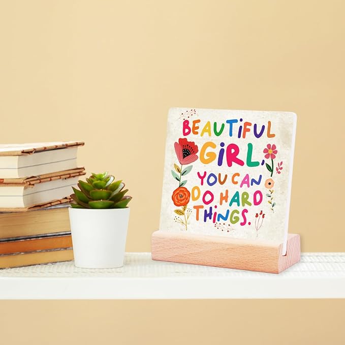 Inspirational Gifts for Teen Girls Women Birthday Christmas-Encouragement Gift Cheer Up Gifts for Friends-Motivational Sign Ceramic Plaque-Beautiful Girls You Can Do Hard Things Sign