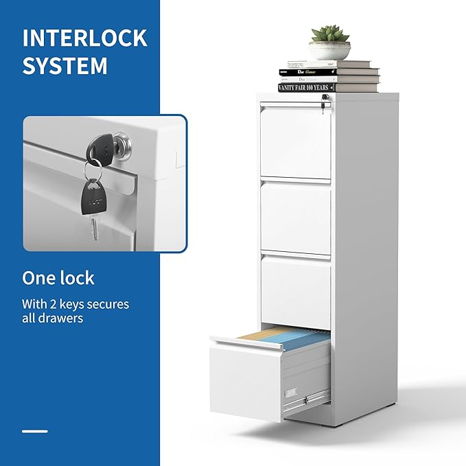 4 Drawer File Cabinet with Lock, Vertical File Cabinet with Lock, Locking File Cabinet Hanging Files for A4/ Legal/Letter,White