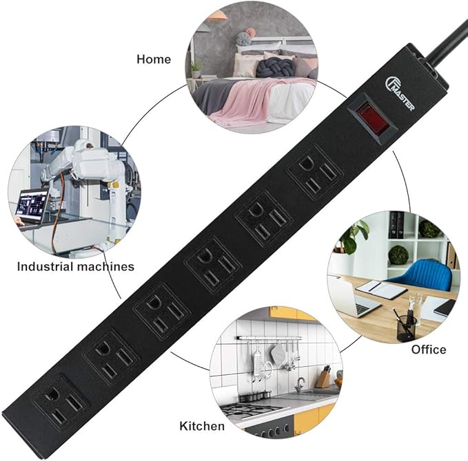 6 Outlet Power Strip with Wide Spaced and 10FT Power Cord,Wall Mount Metal Industrial Power Strip Heavy Duty for Commercial,Garage,School and Home,15A 125V 1875W,Black(10FT)