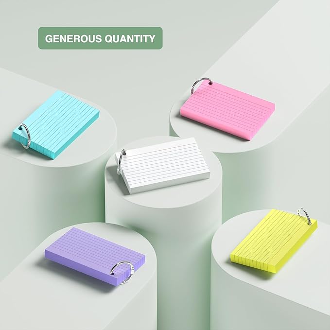 250-Pack Colored Index Cards, 3x5 Inch w/Key Ring – 180gsm Heavyweight Flashcards – 5 Vibrant Colors Flash Cards (White Pink Purple Blue Yellow) – Perfect for Study, Notes & Memory, Students School