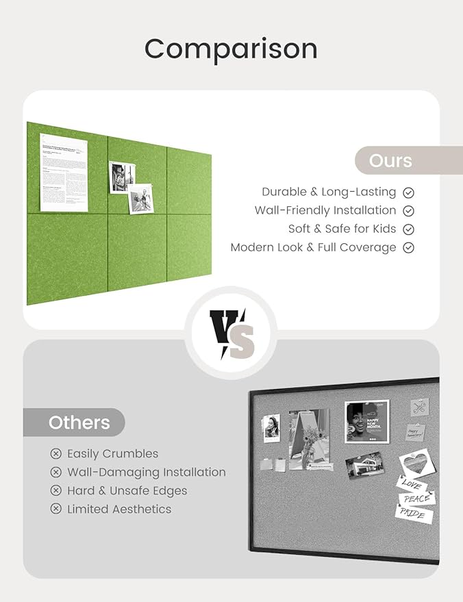 Bumusty Large Cork Board 36"x24" Alternative - 6 Pack Felt Wall Tiles with 40 Safe Removable Adhesive Tabs, 30 Pushpins, Cork Boards for Walls Pin Board Bulletin Board Office Decor (Grass Green)