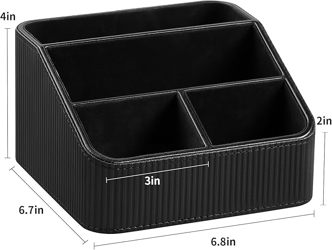 Remote Control Holder with 4 Compartments, PU Leather Small Nightstand Organizer for Home Desk Accessories Office Supplies, Multifunctional Stylish Small Bedside Desktop Organizers (Black)
