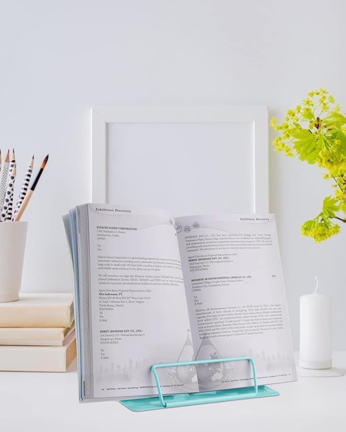 MSDADA Desk Book Stand Metal Reading Rest Book Holder Adjustable Cookbook Documents Holder Portable Sturdy Bookstands for Recipes Textbooks Tablet Music Books with Page Clips (Light Lake Green)