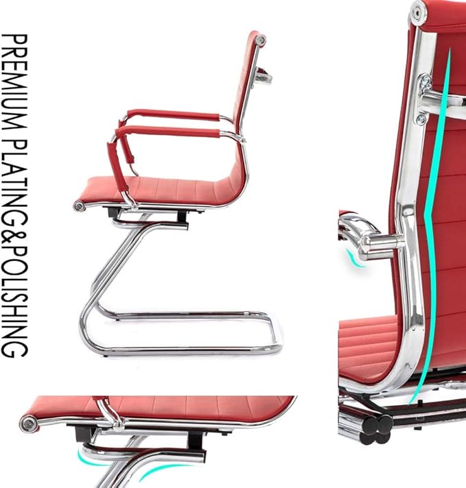 Office Desk Chair Set of 4,No Wheels PU Leather Computer Chairs Mid Back Guest Chairs with Seld Base for School/Reception/Conference/Waiting Room, Burgundy Red