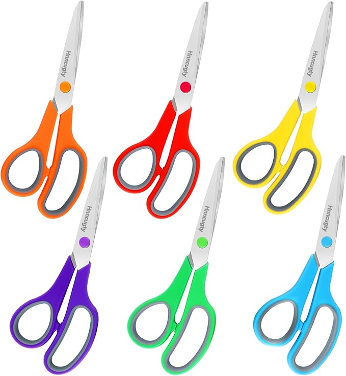 Scissors, Hnncugty 8" Scissors All Purpose Bulk Set of 6-Pack, Sharp Shears for Office Home Craft Sewing Fabric, High/Middle School Supplies Student Teacher Supplies, Comfort Grip Right/Left Handed