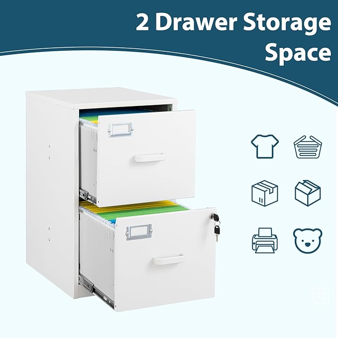 MIIIKO 2 Drawer Filing Cabinet with Lock, Metal Vertical File Cabinets for Home Office, Lockable File Storage Cabinets Under Desk, Letter/A4 File Folders Storage(White-Assembly Required