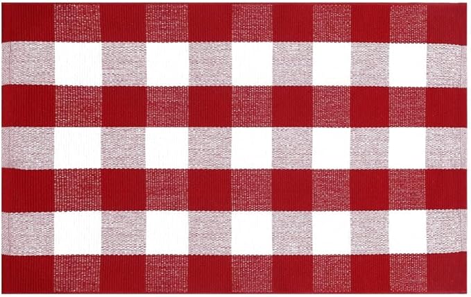 Ckorzen Red and White Plaid Rug, 8' x 10' Christmas Front Porch Outdoor Rug, Handwoven Cotton Washable Rug for Layered Door Mats, Holiday Entryway and Home Décor