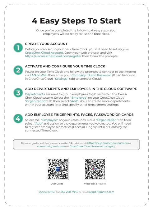 ANVIZ Time Clocks for Employees Small Business - CX2 Fingerprint Biometric Clock in and Out Machine - Forever Free Cloud Software, Black