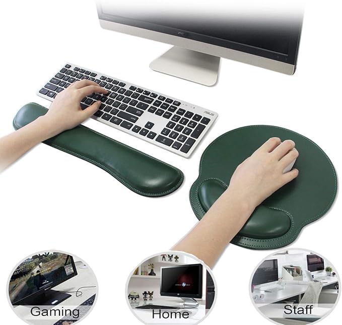 RICHEN Ergonomic PU Leather Keyboard Wrist Rest and Mouse Pad with Wrist Support, Memory Foam Set for Computer/Laptop,Gaming and Office, Comfortable for Easy Typing & Pain Relief (Dark Green)
