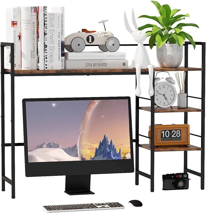 Desk Shelf, 38.5 Inch Desk Hutch for Computer Monitor, Computer Desktop Bookshelf Storage Rack Adjustable Desk Hutch Top Only, 3 Tier Desk Organizer Shelf for Office Home, Rustic