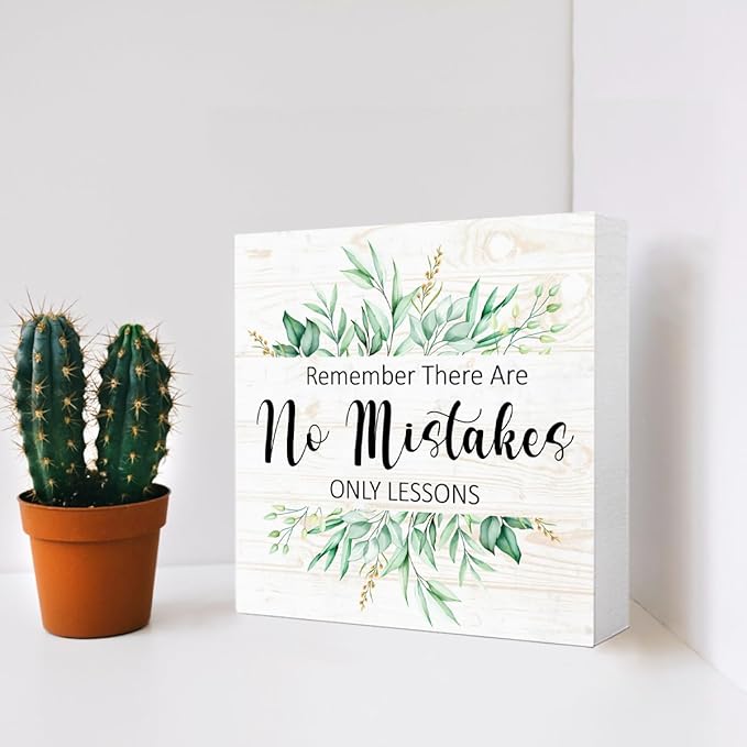 There Are No Mistakes Sign Wood Box,Funny Inspirational Quote Wooden Block Sign for Home Office Tabletop Shelf Decor 5" x 5",Motivational Desk Decor Accessories for Women