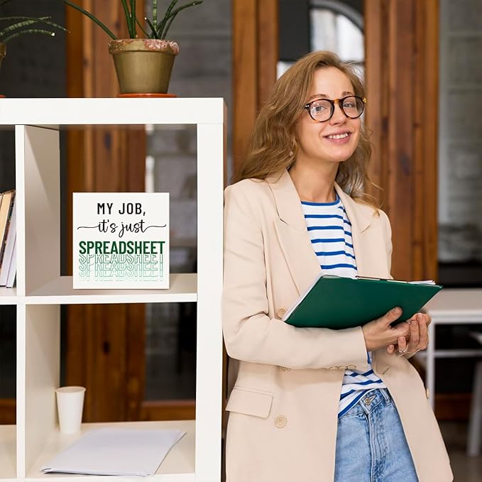 Funny Office Wood Box Sign - "My Job, It's Just Spreadsheet" Wooden Block Sign, 5x5x1 Inch Humorous Desk Decor for Accountants & Office Workers (Wall Mountable)