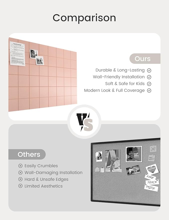 Bumusty Large Cork Board Alternative-47 x35 Felt Bulletin Board Tiles, with 30 Pushpins, 70 Adhesive Tabs, 12-Pack Slat Wall Paneling, Cork Boards for Office Push Pin Board Felt Board-Pink