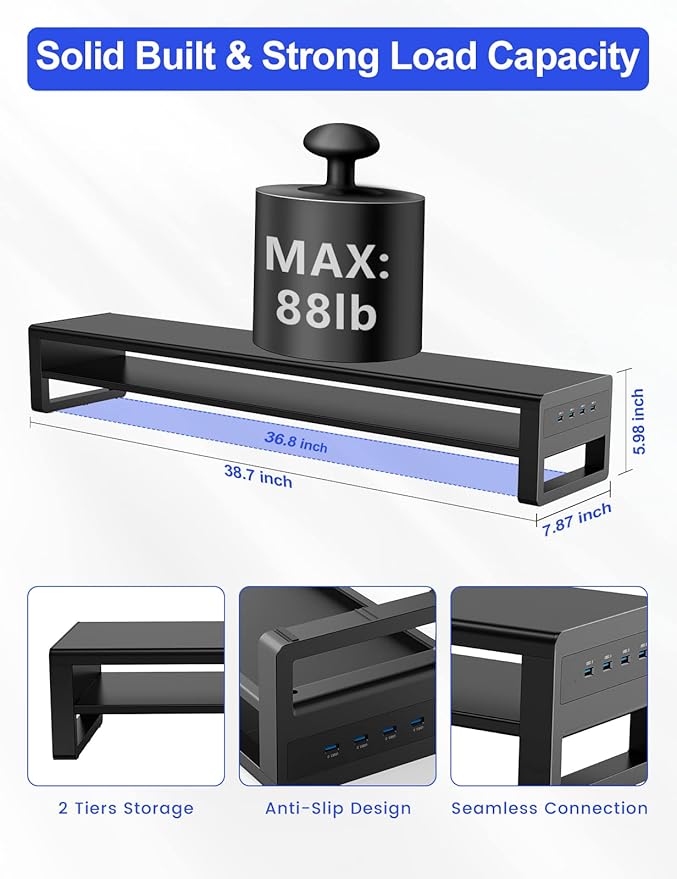 2 Tiers Dual Monitor Stand with 4 USB 3.0 Hub Ports, Double Monitor Riser, Metal Desk Stand with Storage, Long Screen Raiser for 2 Monitors/PC/Laptop/Computer Space Saver Organizer Office Home School
