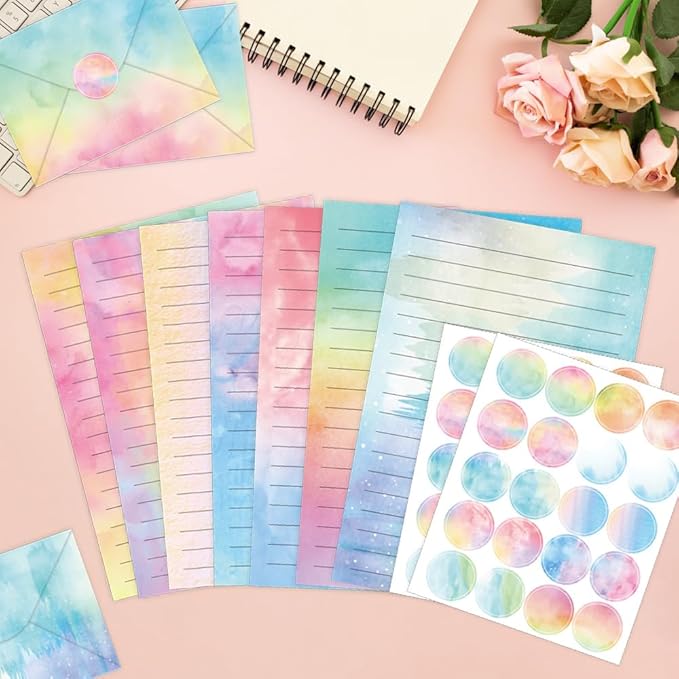 160 Packs Stationery Paper and Envelopes Set 10 Different Designs, 50 One Sided Stationery Writing Papers with 50 Matching Envelopes and 60 Round Dot Sticker, 5.5 x 8.25 Inch (Watercolor)