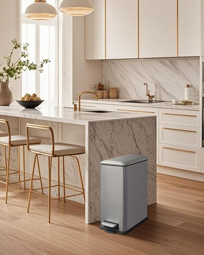 8 Gallon Slim Trash Can with Soft Close Lid, Stainless Steel Trash Can with Removal Inner Bucket, Hand -Free Trash Bin for Kitchen, Office, Laundry, Bathroom, 30 Liter Capacity, Grey