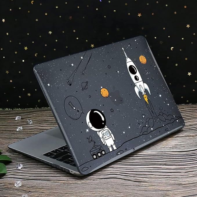 for 2025 MacBook Air 13.6 Inch Case M4 A3240 M3 A3113 M2 A2681 2022 2023 2024 Release, Glitter Black Printed Plastic Hard Shell Case for Mac Air M4 Chip Touch ID, Astronauts & Spacecraft