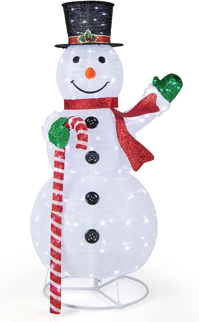 Tangkula 5 FT Pop-up Lighted Christmas Snowman, Large White Pre-lit Christmas Decoration with 180 LED Lights, Hat, Scarf, Indoor Outdoor Xmas Holiday Decor for Party, Yard, Garden, Porch, Lawn