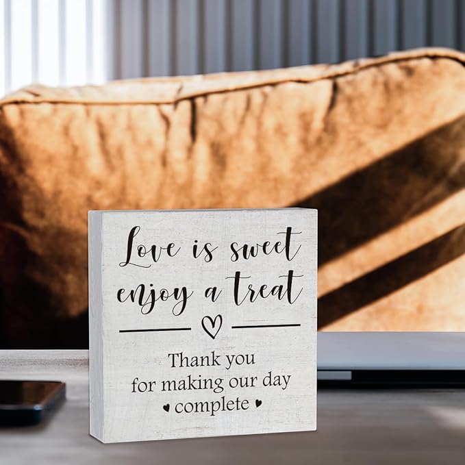 Love is Sweet Enjoy a Treat Wooden Box Sign Decorative Wedding Party Dessert Table Wood Box Sign Home Decor Rustic Square Desk Decor Sign for Shelf 5 x 5 Inches