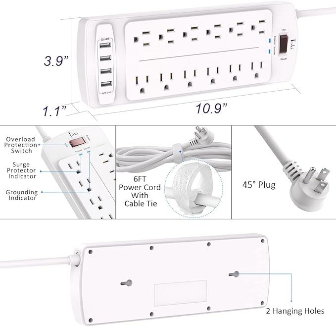 Power Strip, Tcstei Surge Protector with 12 Outlets and 4 USB Ports, 6 Feet Extension Cord (1875W/15A) for for Home, Office, Dorm Essentials, 2700 Joules, ETL Listed, (White)