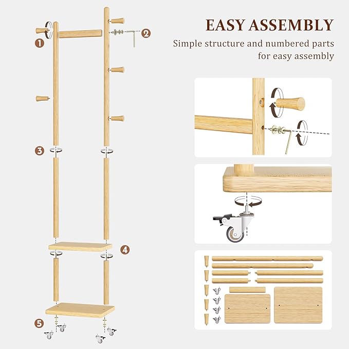 Coat Rack Freestanding Clothing Rack with Wheels & 2 Shelves Storage & 5 Hooks Heavy Duty Clothes Rack Wood Coat Tree Stand Hat Hanger Rack for Corner Bedroom Entryway Living Room Hotel