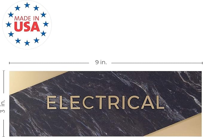 Electrical Sign with Braille/Small Business Easy Adhesive Mount Door and Wall Sign / 3" x 9" / Dark Marble Design