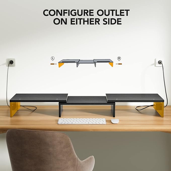 HUANUO Dual Monitor Stand -Monitor Stand with USB ports ,Adjustable Length and Angle, Dual monitor riser w/ Desktop Socket, Monitor Stand Riser for PC, Computer, Laptop (Black)