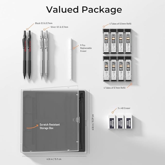 Nicpro 4 Pack Metal Mechanical Pencil Set 0.5 mm & 0.7mm with Case, Artist Pencil MP1000 with 8 Tubes HB & 2B Lead Refill, 3 Eraser, 9 Eraser Refill For Art Writing Drafting Drawing,Black & Silver