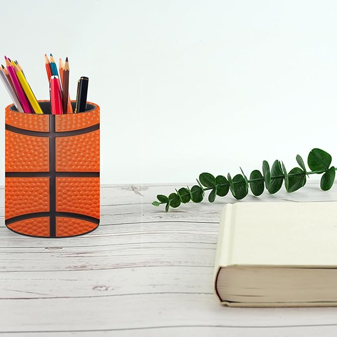 Basketball Print Texture Pen Holder Pencil Organizer Cute Pencil Cup Desk Decor Makeup Brush Holder PU Multifunctional Office Suppliesfor Home Classroom School