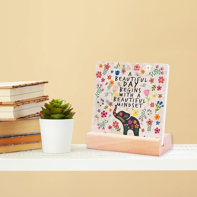 Inspirational Gifts for Teen Girls Women Birthday Christmas-Encouragement Gift Cheer Up Gifts for Friends-Motivational Sign Elephant Ceramic Plaque Desk Decor-A Beautiful Mindset Sign