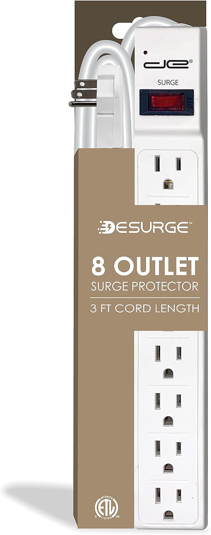 Digital Energy 8 Outlet Surge Protector Power Strip Power Strip - 15 AMP, 1875 W, 125 V, 350 J Surge Protection, ETL Listed - Flat Plug, White, 3 FT