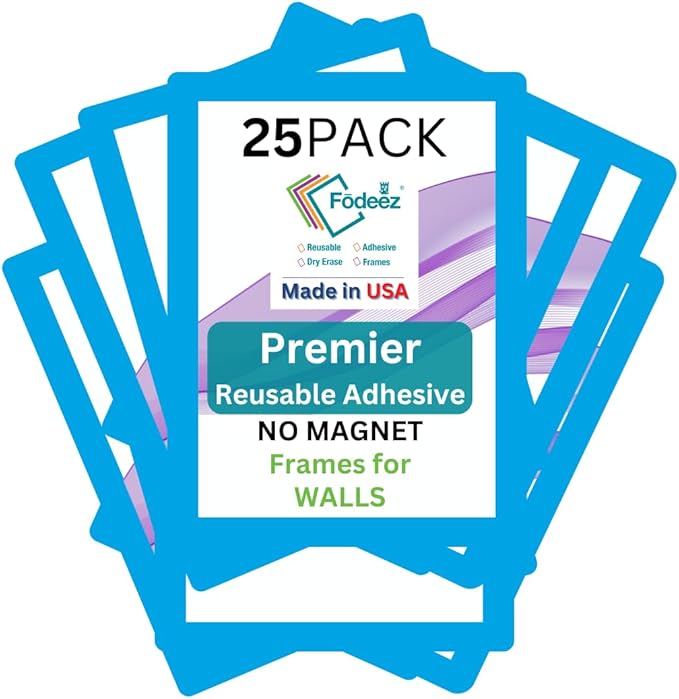 8.5 x 11 Adhesive Wall Frames - Peel & Stick Picture Frames, Wall Sign Holder, Paper & Letter Protector Sheets, Reusable Picture Frame, Dry Erase, Non Magnetic & Non Acryclic - Blue, Pack of 25