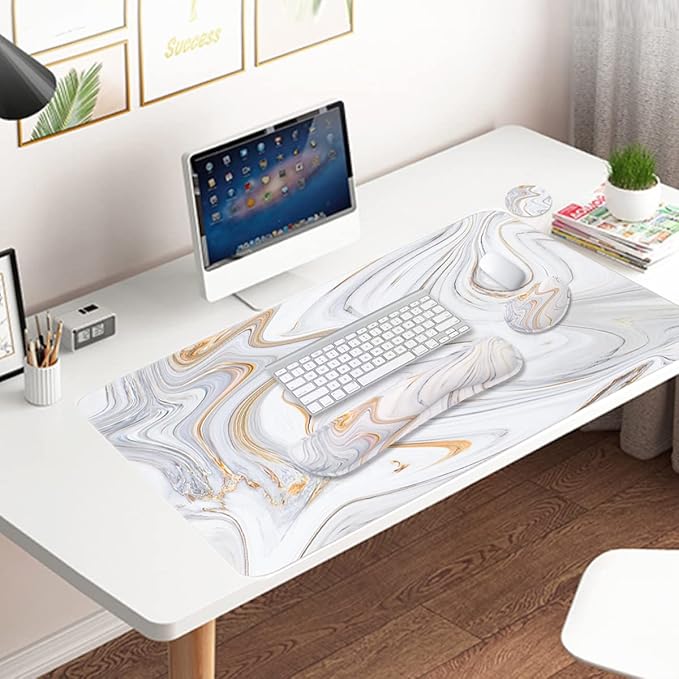 4-in-1 Large Gaming Mouse Pad, Keyboard Wrist Rest Pad & Wrist Support Mousepad Set, Extended Desk Pad Waterproof Desk Mat for Home Office Study Game - White Marble