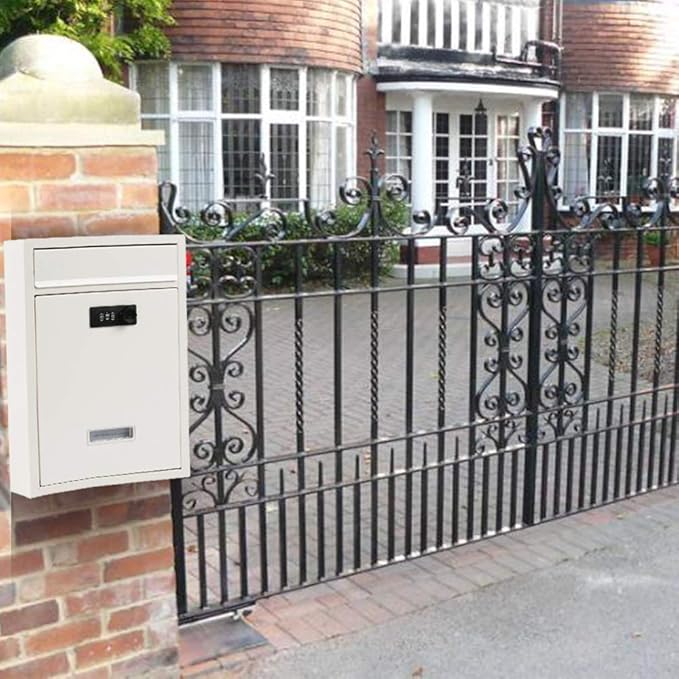 KYODOLED Locking Wall Mount Mailbox, Mail Boxes with Combination Lock for Outside, Security Drop Box with Code,12.4H x 8.54L x 3.35W Inches, White