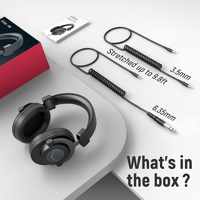 FIFINE Studio Monitor Headphones for Recording, Wired Headphones with 50mm Driver, Over Ear Headset with Detachable Cables 3.5mm or 6.35mm Jack, Black, on PC/Mixer/Amplifier-H8