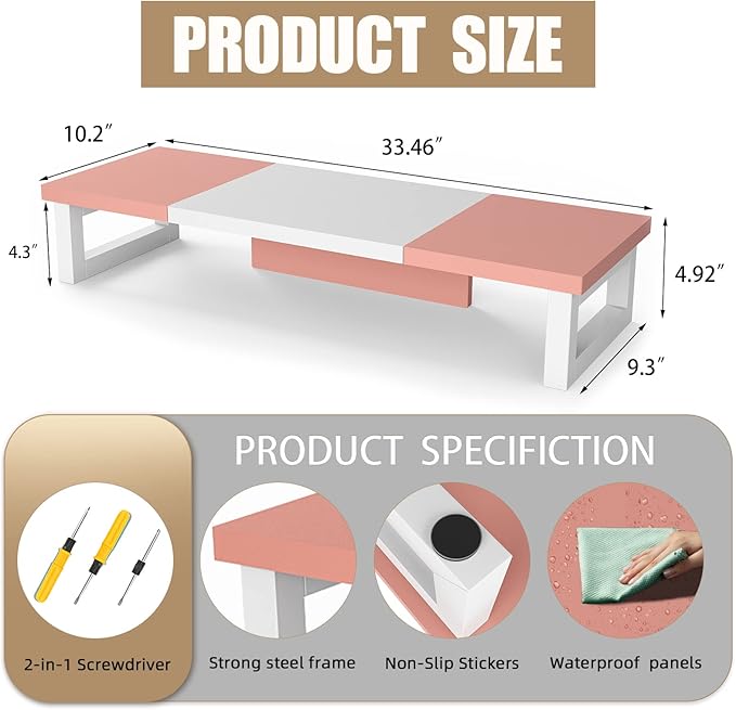 WESTREE Dual Monitor Stand Riser, Wood and Steel Monitor Stand Riser, Computer Monitor Stand for 2 Monitors, Multi-Purpose Desktop Storage Stand for Computer,Laptop,Printer,TV