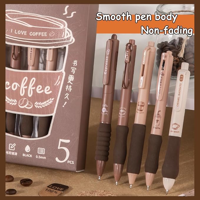 Cute Gel Pens 5Pcs Retractable Quick Dry Ink Pens 0.5mm Fine Point Black Ink Kawaii Smooth Writing Pens for School Office Supplies Aesthetic pretty pens (Coffee)