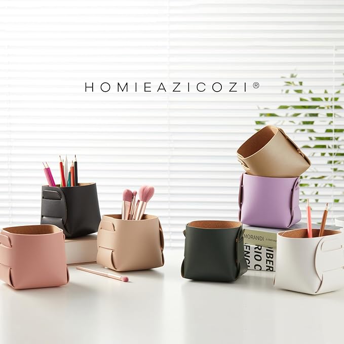 HOMIEAZICOZI 2-Pack Cork Leather Desk Accessories Storage - Pencil Pen Holder - Makeup Brush Holder Organizer - Stylish Addition to Home Decor (Pink)