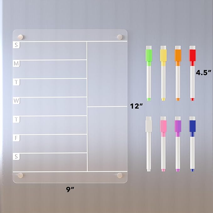 Acrylic Magnetic Meal Planner Menu Board for Kitchen Fridge w/ 8 Markers, Clear Refrigerator Weekly Dry Erase Calendar Planning Noteboard to Do/Grocery/Shopping List/Chore Chart/, 12"x9"