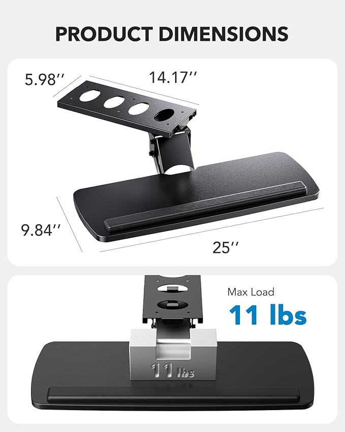 HUANUO Keyboard Tray Under Desk, 360 Adjustable Under Desk Keyboard Tray Slide Out, Ergonomic Pull Out Keyboard Tray Under Desk, 25"W x 9.84"D