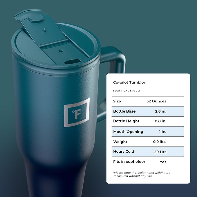 IRON °FLASK Co-Pilot Insulated Mug w/Straw & Flip Cap Lids - Cup Holder Bottle for Hot, Cold Drink - Leak-Proof - Water, Coffee Portable Travel Mug - Dark Night, 32 Oz