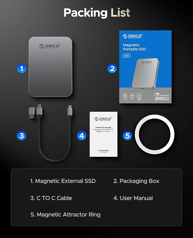 ORICO 4TB Magnetic Portable SSD, Metal Body, 4K 120 fps ProRes HDR Record and Store, Up to 460MB/s, USB C&A 2 in 1 Cable, External SSD Compatible with iPhone 16 Pro Max, Tablet, Computer - K5PLUS